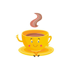 Cup of hot drink cartoon character sitting on saucer and showing gesture ok isolated on white background. Cute mug with coffee or tea, steam and funny face, vector illustration.