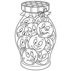 Coloring page. Coloring book. Pickles jar. Pickled cherry tomatoes. Happy Food concept. Cartoon design for t-shirt print, icon, logo, label, patch, sticker.