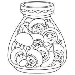 Coloring page. Coloring book. Pickles jar. Pickled champignon mushrooms. Happy Food concept. Cartoon design for t-shirt print, icon, logo, label, patch, sticker.