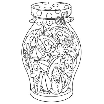 Coloring page. Coloring book. Pickles jar. Pickled cucumbers. Happy Food concept. Cartoon design for t-shirt print, icon, logo, label, patch, sticker.