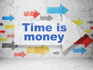 Time concept:  arrow with Time is Money on grunge textured concrete wall background, 3D rendering