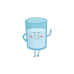 Glass of milk cartoon character stands smiling and shows peace gesture isolated on white background. Cute cup of healthy natural drink with funny face vector illustration.