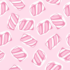 Hand draw marshmallow twists seamless pattern illustration. Pastel colored sweet chewy candies background.
