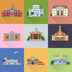 Public buildings and facilities flat design vector icons