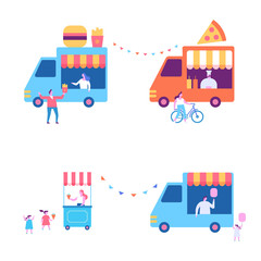 Street and Fast Food trucks. Pizza, Burger, Ice-cream trucks flat vector illustration.