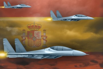 Spain air forces strike concept. Air planes attack on Spain flag background. 3d Illustration