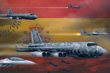 Spain air forces bombing strike concept. Spain army air planes drop bombs on flag background. 3d Illustration