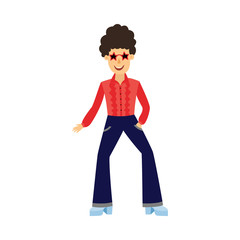 Retro disco male dancer with curly hair in 70s style with pants pincers and stars sunglasses isolated on white background. Funny flat cartoon man at party or night club, vector illustration.