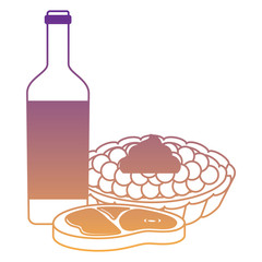 picnic food design with wine bottle with sweet pie and meat steak over white background, vector illustration