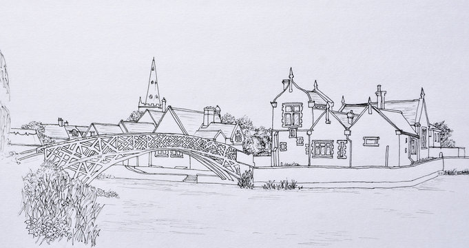 Ink Line Drawing of the Chinese Bridge at Godmanchester Cambridgeshire England.