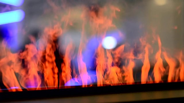 Electric fireplaces with built-in evaporator converts water into steam, which simulates smoke close-up. Model with 3D effect. Modern smart ecological alternative technologies. Energy saving innovation