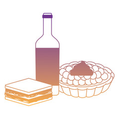 wine bottle with sandwich and sweet pie over white background, vector illustration