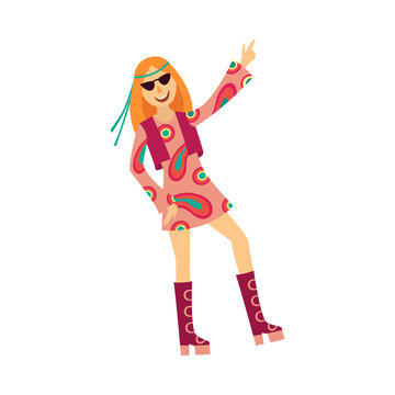 Woman dancing disco in 70s style clothes and sunglasses isolated on white background. Flat cartoon vector illustration of retro female character at party or discotheque.