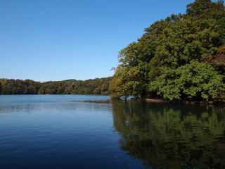 秋の湖畔と秋の青空