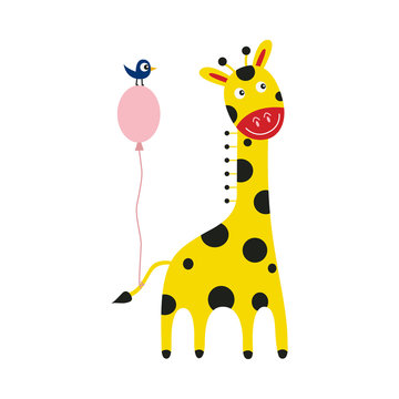 Giraffe cartoon character with pink balloon tied to tail and little bird isolated on white background - cute comic yellow african animal with spots stands smiling, vector illustration.