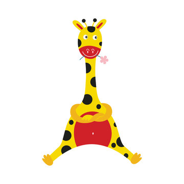 Giraffe cartoon character sitting with crossed arms and holding flower in mouth isolated on white background. Cute comic yellow african animal with spots, vector illustration.
