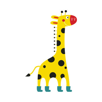 Giraffe cartoon character in funny boots stands smiling isolated on white background. Side view of cute comic yellow african animal with black spots, vector illustration.