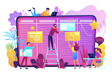 Team members moving cards on large kanban board. Teamwork, communication, interaction, business process, agile project management concept, violet palette. Vector illustration on white background.