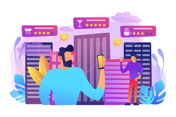 People checking cafe, bar and retail shop rates and ranks with smartphones. Intelligent service systems, smart navigation, IoT and smart city concept, violet palette. Vector illustration on background