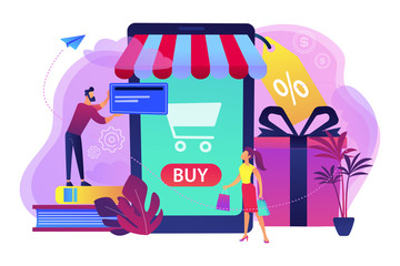 A couple near huge smartphone with buy icon on the screen make online purchases. Smart retail, retail mobility solutions, IoT and smart city concept, violet palette. Vector illustration on background.