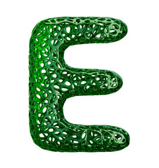 Letter E made of green plastic with abstract holes isolated on white background. 3d