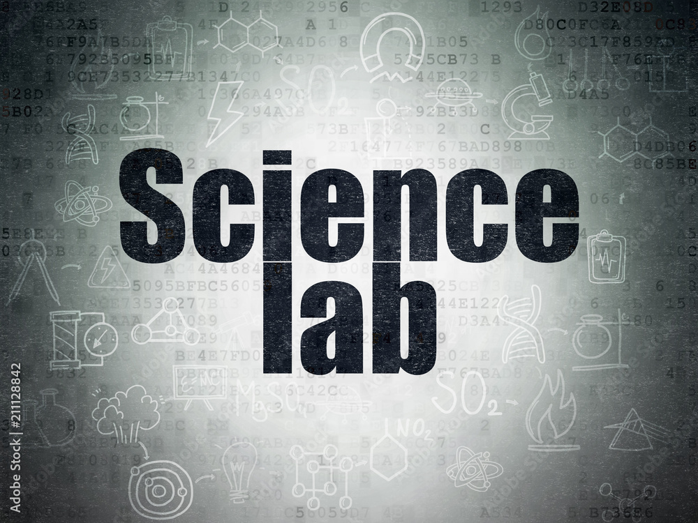 Poster science concept: painted black text science lab on digital data paper background with scheme of hand