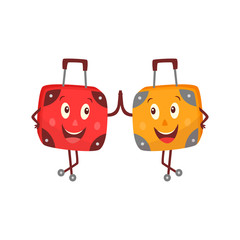 Cute travel bag, suitcase character with arms, legs and face emotion. Funny male orange luggage give high five to red character smiling. Tourism adventure and vacation symbol. Vector flat illustration