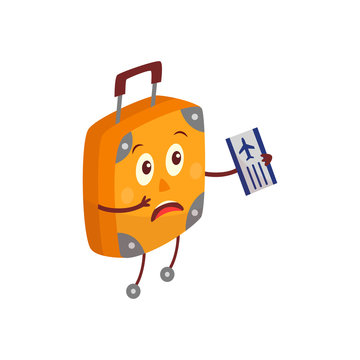 Cute travel bag, suitcase character with arms, legs and face emotion. Funny male luggage character with afraid, scared anxious face holding ticket. Tourism, adventure vacation Vector illustration