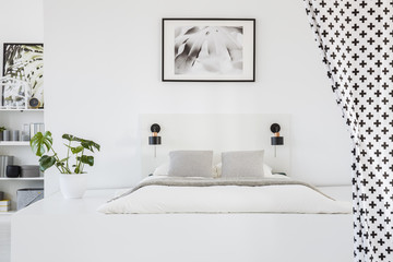 Patterned cloth in white bedroom interior with poster above bed on platform with plant. Real photo