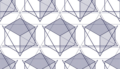 Geometric 3d lines abstract seamless pattern, vector background. Technology style engineering line drawing endless illustration. Single color, black and white.