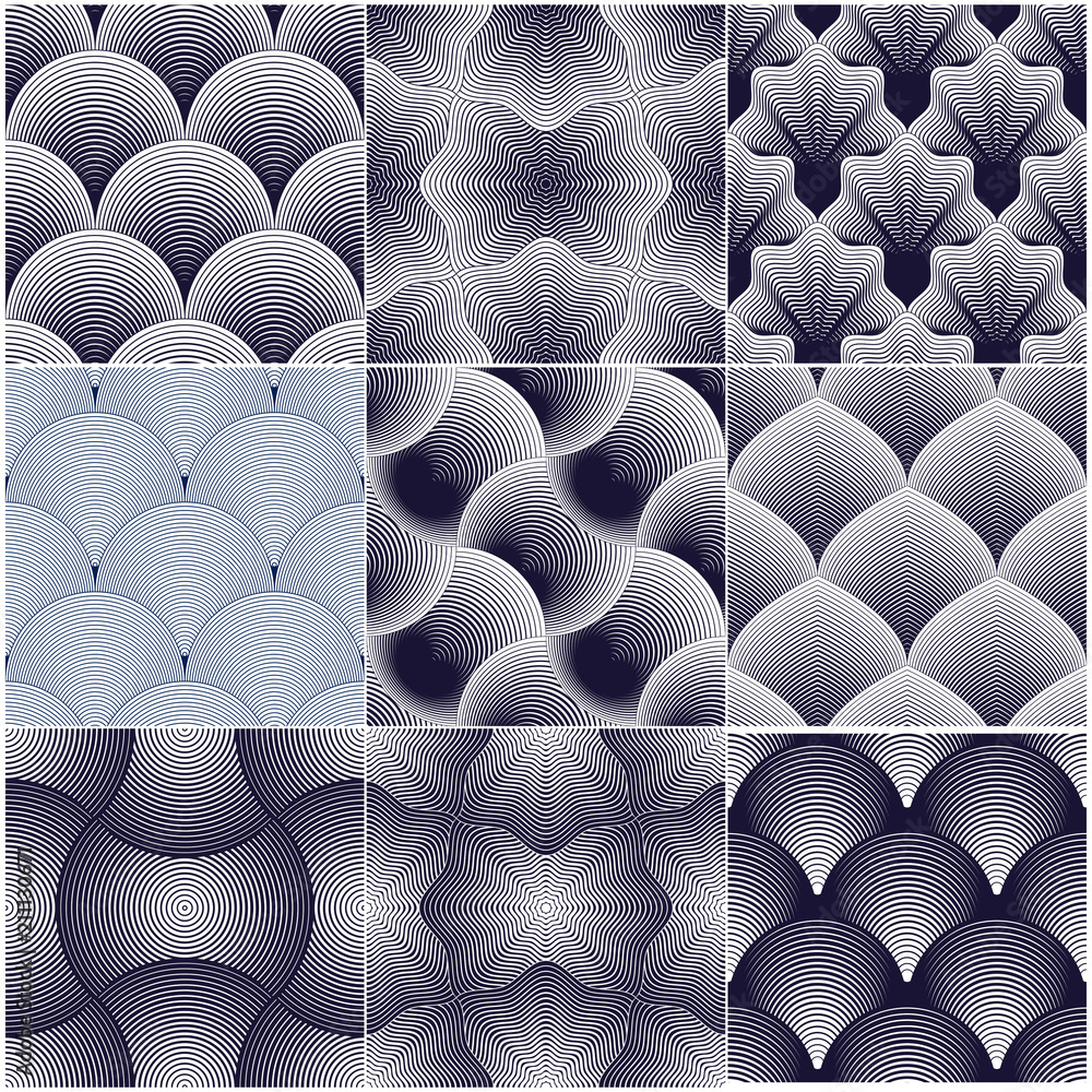 Poster geometric seamless patterns set, abstract tiling backgrounds collection, vector repeat endless wallp