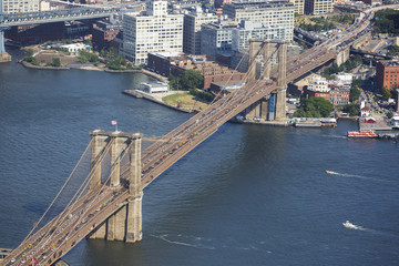 The Brooklyn Bridge over East River viewed from World Trade Center, New York, USA