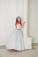Fototapeta na wymiar Beautiful woman in white and red medieval dress with crinoline