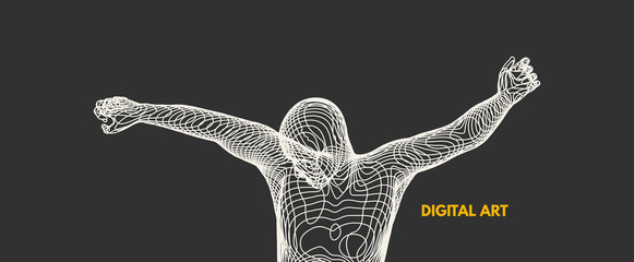 3d model of man. Vector illustration. Wire connection to virtual reality.
