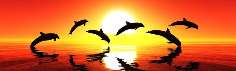 Dolphins are jumping at sunset. Sea landscape at sunset.
3D rendering
