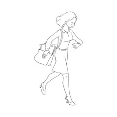 Late business woman hurrying up looking at watches holding bag. Hand drawn adult girl in skirt blouse going to meeting, work. Female office character flat style. Vector monochrome illustration