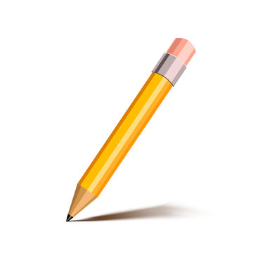 Bright cartoon yellow pencil with pink eraser, icon isolated on white
