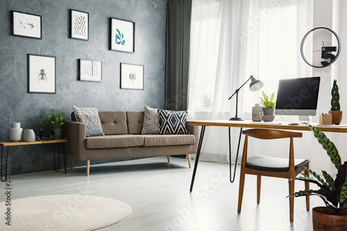 Remote Work Corner Desk In Living Room Interior With Raw