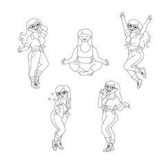 Hand drawn plump obese girl having fun set. Sketch style cute female characters in jeans, pink skirt doing yoga, dancing blow air kiss, eat apple. Vector adult overweight women monochrome collection