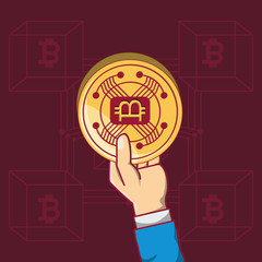 hand holding a bitcoin coin over red background, colorful design. vector illustration