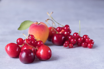 Summer bright berries and fruits on a gray concrete background. The concept of raw food, vegetarianism, healthy eating.