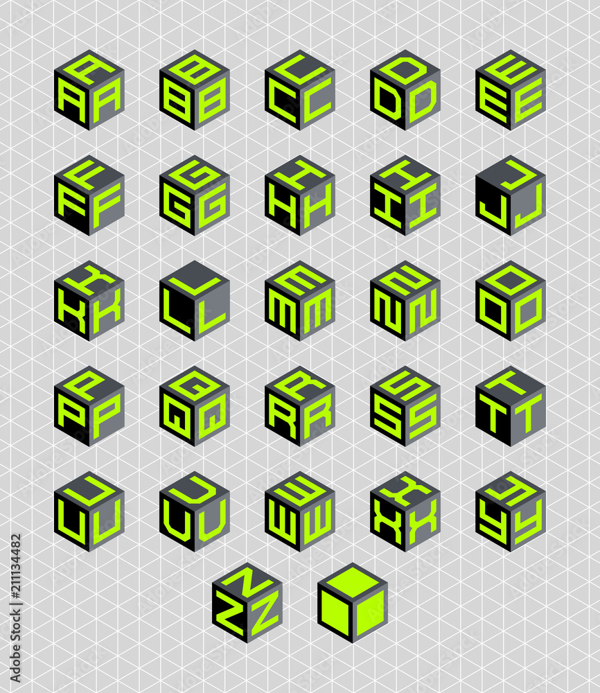 Aufkleber cubic isometric alphabet set. vector geometric font