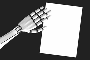 Humanoid robot arm lying on top of a white sheet of paper on the table. 3d illustration
