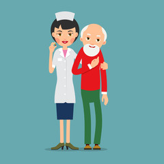 Doctor and patient. Practitioner doctor woman stands and supports old man patient. Hand of doctor on shoulder of elderly patient. Consultation and diagnosis. Illustration isolated in flat style