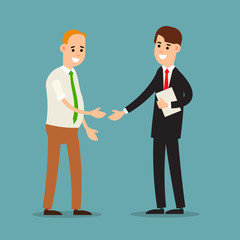 Young man standing and greet each other. Group of young people. Funny cartoon guy in various poses. Cartoon illustration isolated in flat style