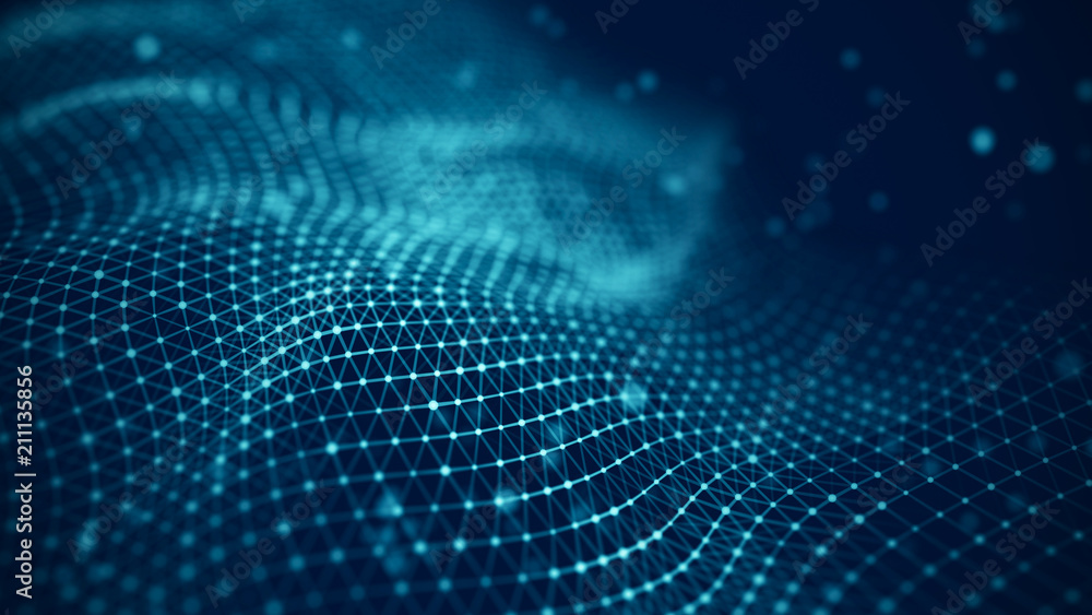 Leinwandbilder Data technology illustration. Abstract futuristic background. Wave with connecting dots and lines on dark background. Wave of particles.