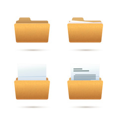 Bright yellow realistic folder icons with documents isolated on white
