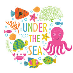 Under the sea card with marine animals -  vector illustration, eps