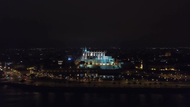 Aerial fottage of Catedral de Santa Maria de Palma de Mallorca at night