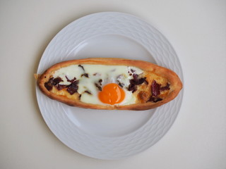 New baked delicious Traditional Turkish pide , Turkish pizza with special Turkish meat